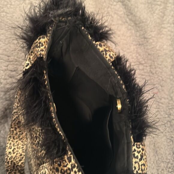 Leopard Print Tote Bag Purse Small Faix Fur Shoulder Bag Feather Fringe - Picture 8 of 8